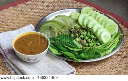 Myanmar Or Burmese Traditional Fish Preserve Sauce, Ngapi Yay And Fresh Boiled Vegetables.