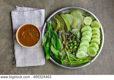 Myanmar Or Burmese Traditional Fish Preserve Sauce, Ngapi Yay And Fresh Boiled Vegetables.