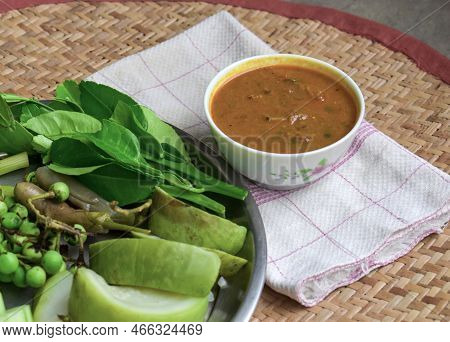 Myanmar Or Burmese Traditional Fish Preserve Sauce, Ngapi Yay And Fresh Boiled Vegetables.