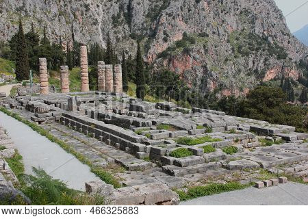Ancient Temple Of Apollo At Delphi, Greece
