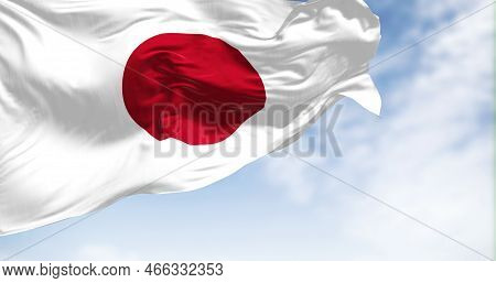 Close-up View Of The Japan National Flag Waving In The Wind. Japan Is An Island Country In East Asia