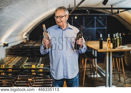 Portrait Of Senior Man Who Owns Winery. He Is Examining Quality In His Wine Cellar. Industry Wine Ma