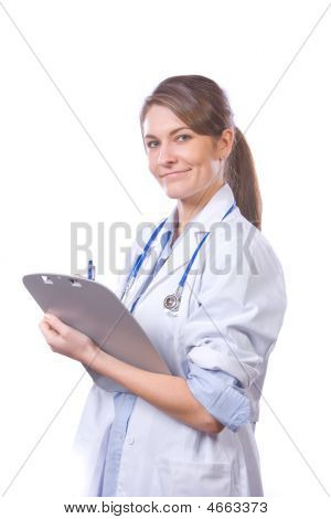 Gráfico de exploração da mulher médico isolado no branco