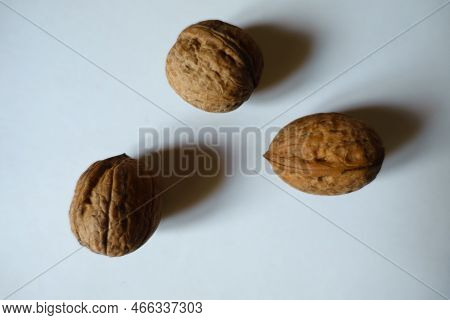 View Of Three Ripe Brown Unhulled Fruits Of Persian Walnut From Above