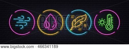 Leaf Dew, Feather And Windy Weather Minimal Line Icons. Neon Laser 3d Lights. Weather Thermometer Ic