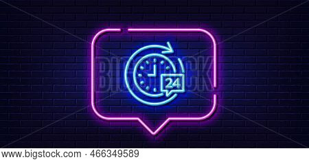 Neon Light Speech Bubble. 24 Hours Delivery Line Icon. Time Or Stopwatch Sign. Neon Light Background