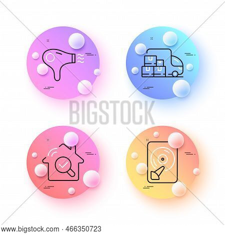 Delivery Truck, Inspect And Hdd Minimal Line Icons. 3d Spheres Or Balls Buttons. Hair Dryer Icons. F