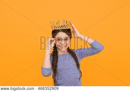 Smartest Princess. Long Awaited Reward. Little Smart Girl Wear Eyeglasses. Clever Child. Princess Co