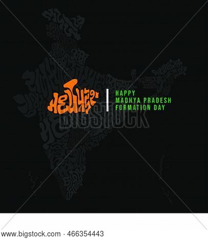 Madhya Pradesh Day Greetings With Map Typography In Hindi.