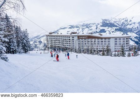 Clubmed Les Arcs Panorama, Les Arcs, France - 15.02.2022 : Mountain Skiers, On The Mountain Slopes I