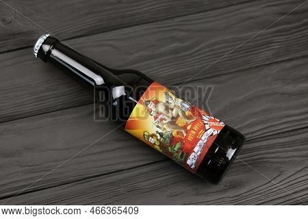 Kharkiv, Ukraine - November 3, 2021: A Bottle Of Beer Featuring Russian President Vladimir Putin Is 