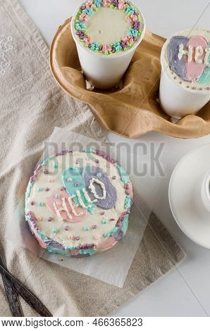 Homemade Mini Bento Cake With Cute Colored Decor And  Lettering 