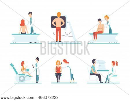 Medical Physical Health Checkup With Doctor Therapist Examinig Patient Vector Set