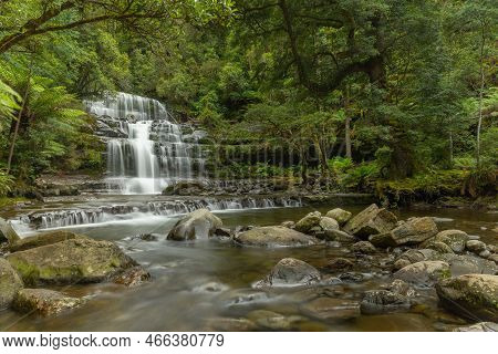 Wide Angle Side View Of Liffey Falls On A Rainy Summer Day