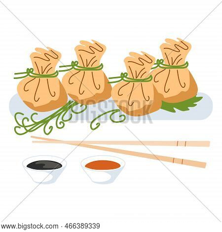 Fried Dumplings Wontons On A White Background. Asian Food. Vector Illustration For Restaurants, Menu