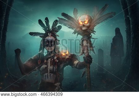 Powerful Female Necromancer With Staff In Night Cemetery