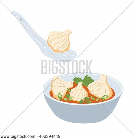 Wonton Soup Chinese Dumplings On A White Background. Asian Food. Vector Illustration For Restaurants