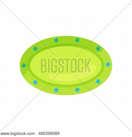 Green Plate With Blue Flowers Vector Illustration. Dish For Meal, Basic Geometric Shape For Kinderga