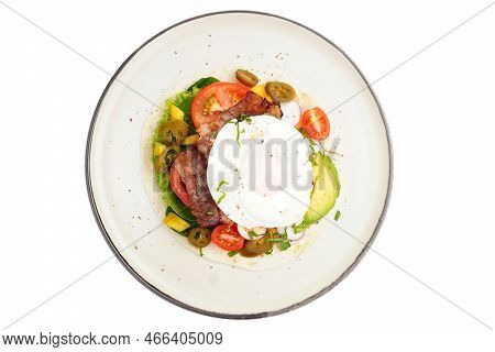 Kebab With Bacon And Fried Egg, Tomato, Spinach, Avocado, Pickled Peppers