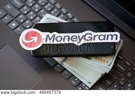 Ternopil, Ukraine - September 6, 2022 Moneygram Paper Logotype Lies On Black Laptop Keyboard With Us
