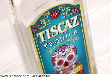 Kharkiv, Ukraine - November 3, 2021: Tiscaz Tequila Alcohol Bottle With Traditional Mexican Pattern 