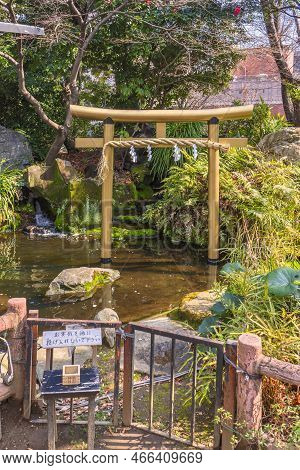 Tokyo, Japan - March 05 2022: Golden Torii Gate Decorated With A Shimenawa Rope In The Basin Of The 