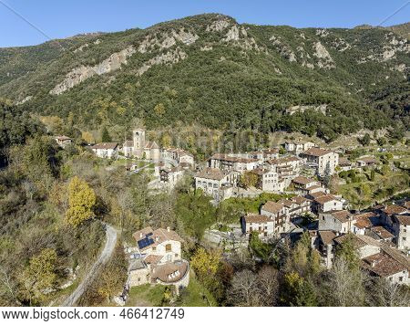 Aerial Panoramic View Of Beget, A Small Population Center Belonging To Camprodon Full Of Magic And C