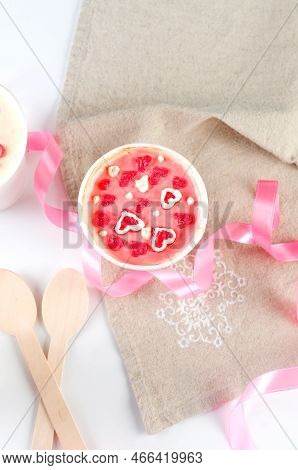 Homemade Mini Cake In Disposable Coffee Cups With Hearts Decor, New Confectionery Trend. Valentine D