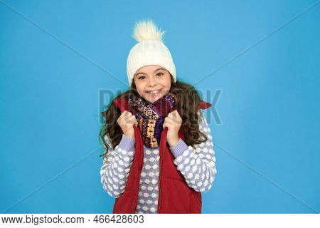 Cold Winter Days. Vacation Time. Stay Active During Season. Kid Wear Knitted Warm Clothes. Winter Vi