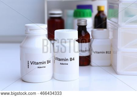 Vitamin B4 Pills In A Bottle, Food Supplement For Health Or Used To Treat Disease