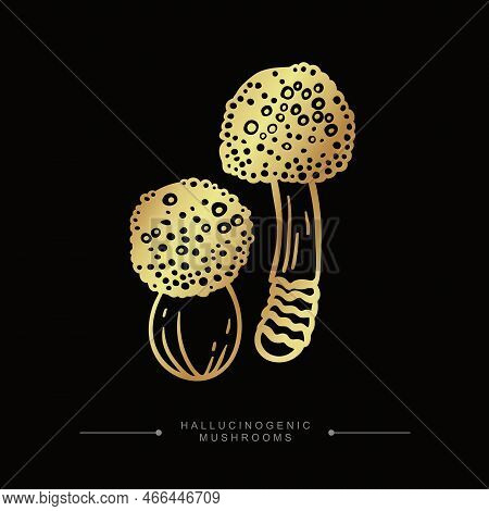 A Group Of Golden Toxic Magical Hallucinogenic Mushrooms. Golden Drawing Sticker Of Psilocybin Mushr