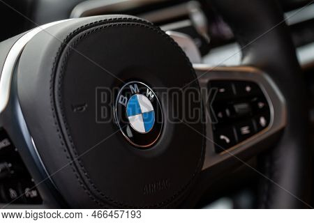 Moscow, Russia - February 05, 2022 Bmw X3 Steering Wheel Close Up View. Bmw Logo On The Car Steering