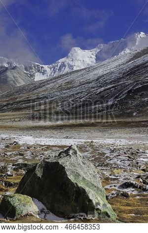 Scenic Alpine Valley And Snowcapped Peak Of Himalaya Mountains, From Zero Point Or Yumesodong In Nor