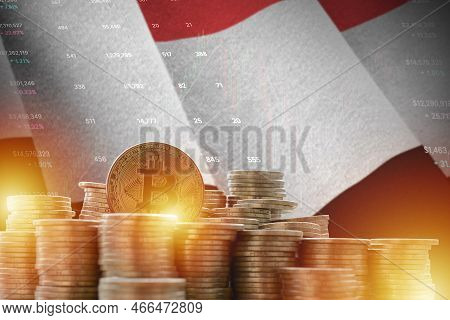 Yemen Flag And Big Amount Of Golden Bitcoin Coins And Trading Platform Chart. Crypto Currency Concep