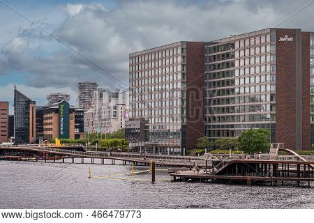 Copenhagen, Denmark - July 24, 2022: Sw View Along Kalvebod Quay Of Sydhavnen Form Langebro Bridge S