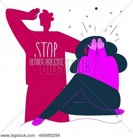 Concept Stop Gender Violence. The Woman Crys And Man Beats. The No Gbv Vector Illustration In Hand D