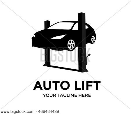Car Lifting Logo Design. Car On A Wheel Alignment Lift In Auto Service. Diagnosis Of The Chassis Of 