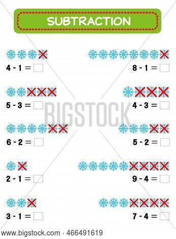 Subtraction. Math Worksheet For Kids. Developing Numeracy Skills. Solve Examples And Write. Mathemat