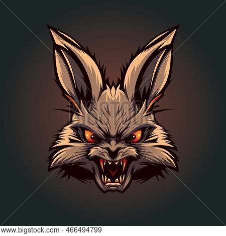 Raging Aggressive Rabbit With Burning Eyes And Bloodied Teeth. Color Logo, Flat Style, 2d Vector Ill