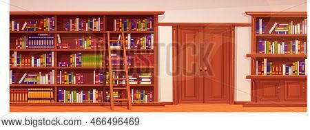 Library Or Cabinet. Beautiful Interior Of Room, Shelves And Cabinets With Lot Of Books. Knowledge An