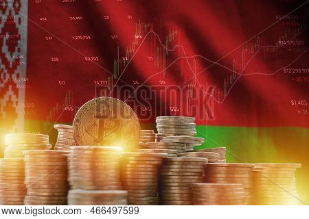 Belarus Flag And Big Amount Of Golden Bitcoin Coins And Trading Platform Chart. Crypto Currency Conc