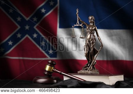 Mississippi New Us State Flag With Statue Of Lady Justice, Constitution And Judge Hammer On Black Dr