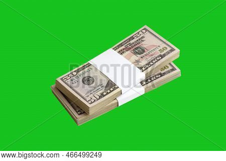 Bundle Of Us Dollar Bills Isolated On Chroma Keyer Green. Pack Of American Money With High Resolutio