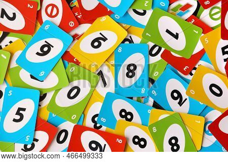 Ternopil, Ukraine - May 15, 2022: Many Colorful Uno Game Cards. Uno Is An American Shedding-type Car