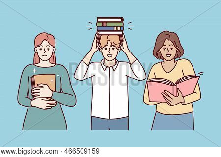 Man And Two Women Students With Books From Library Preparing For Exams For University Entrance. Set 