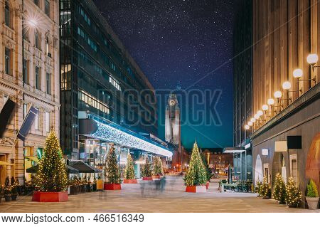 Helsinki, Finland. Night Starry Sky Above Shopping Mall And Helsinki Central Railway Station. Night 