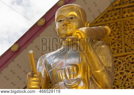 Golden Thai Monk Statue In Temple Art