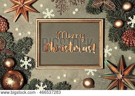 Christmas Background. Flat Lay With Fir Twigs Decorated With Red Rowan Berry, Paper Stars And Snowfl