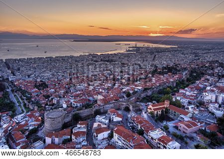 Aerial Drone View Of City Of Thessaloniki At Sunset, North Greece