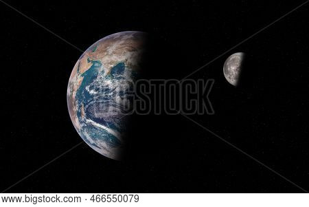 The Earth And The Moon From Space. View From Space On Planet Earth  And Moon. Science Fiction Art. E